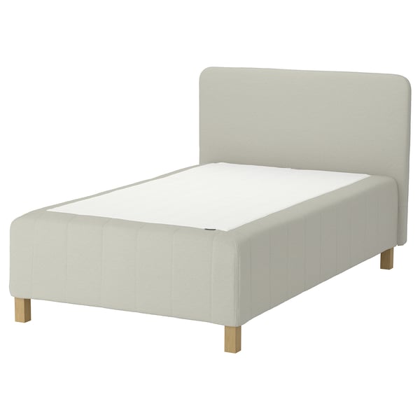 Rishøj dobbeltseng, beige, polstret med træben, enkelt design.