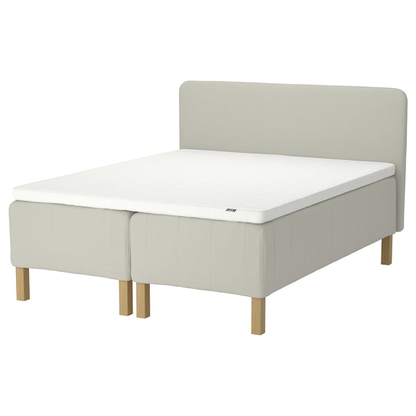 RISHÖJDEN seng i lys beige med sengegavl, pocketmadras, træben.