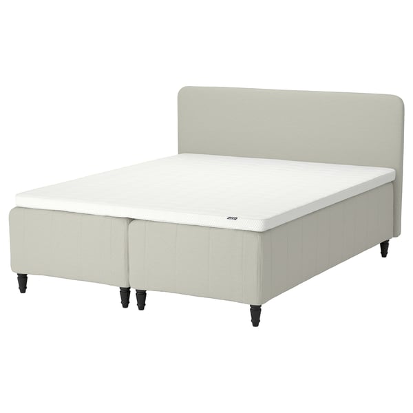 RISHÖJDEN seng, lys beige, polstret, rektangulær, polstret sengegavl, hvid madras.