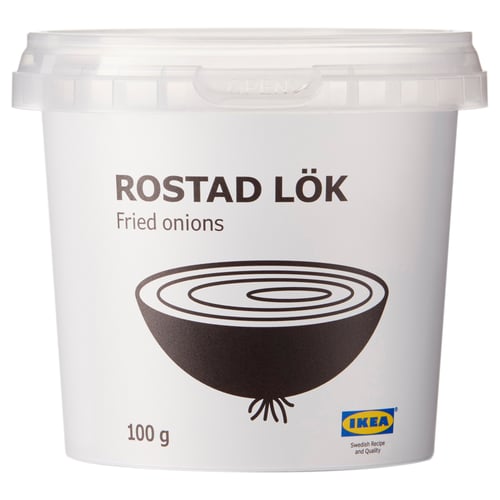 Billedet viser en beholder med ikeas rostad lok, stegte løg, der vejer 100 g.