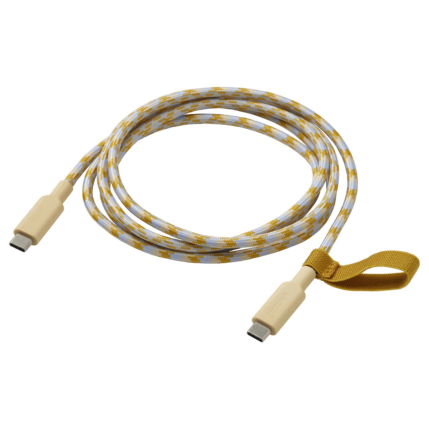 Et RUNDHULT usb-c ladekabel, beige og grå, oprullet med en løkke i den ene ende til opbevaring.