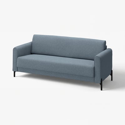 Moderne blå stofsofa med slankt design, afrundet ryg og metalben.