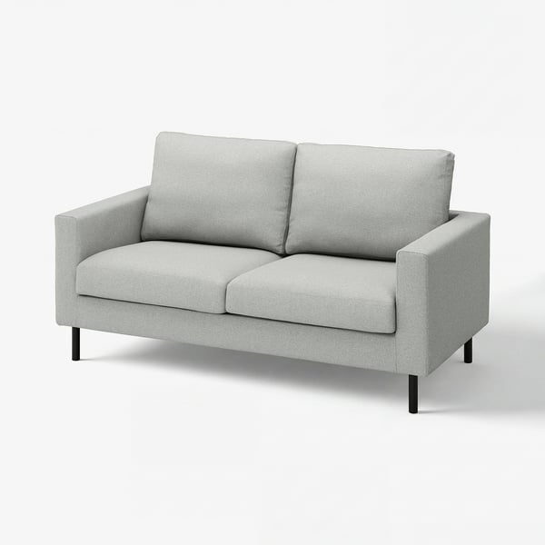 Moderne grå stof-loveseat, slankt design, to puder, sorte ben.