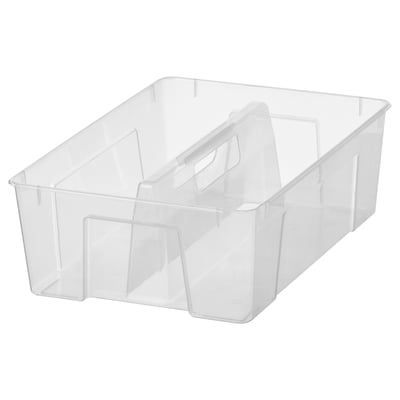 En klar plastik organizer box ved navn SAMLA. Den er gennemsigtig, rektangulær, med et indbygget håndtag, der gør den nem at bære.