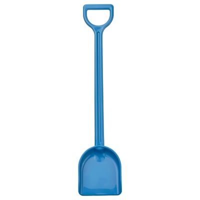 Blå strandsandspade, plastik, d-formet håndtag, afrundet scoop, børnelegetøj.