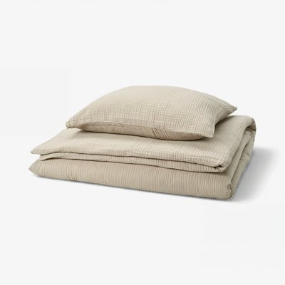 SCHERSMIN dynesæt, beige, økologisk bomuld, bølget tekstur.
