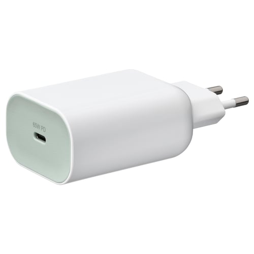 Hvid, kompakt usb-c oplader, 65w pd, med fladt stik.