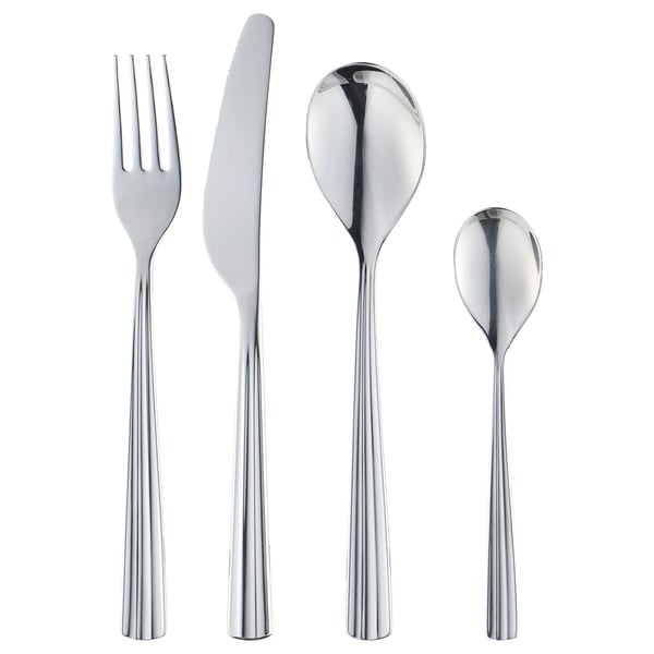 Skinnende metallisk bestiksæt: gaffel, kniv, store og små skeer, moderne slankt design.