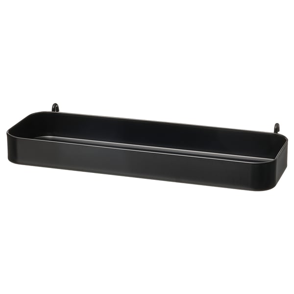 SKÅDIS sort rektangulær væghylde. Moderne, minimalt, metal med blank finish. Ingen synlig støtte, sømløst design.