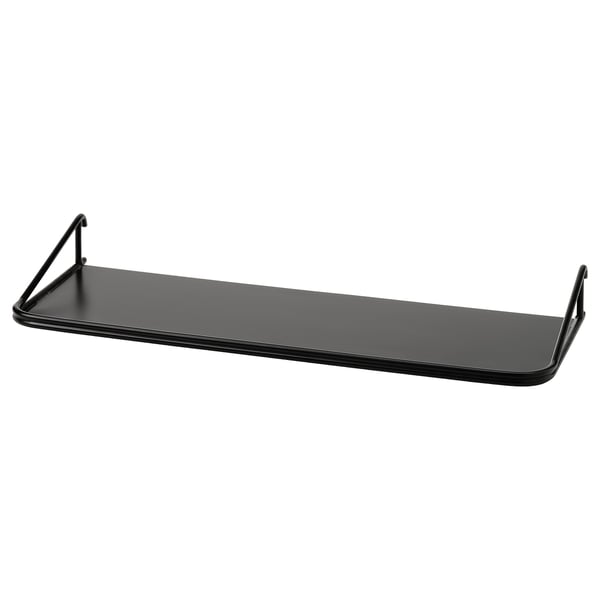 SKÅDIS sort metalhylde, rektangulær, minimalistisk design, robust stålstel, blank finish.