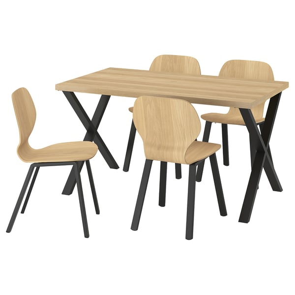 SKÅLSTA Bord og 4 stole, egetræsmønstret X-formet sortgrå/egetræsfiner profileret metal/sortgrå, 140x80 cm