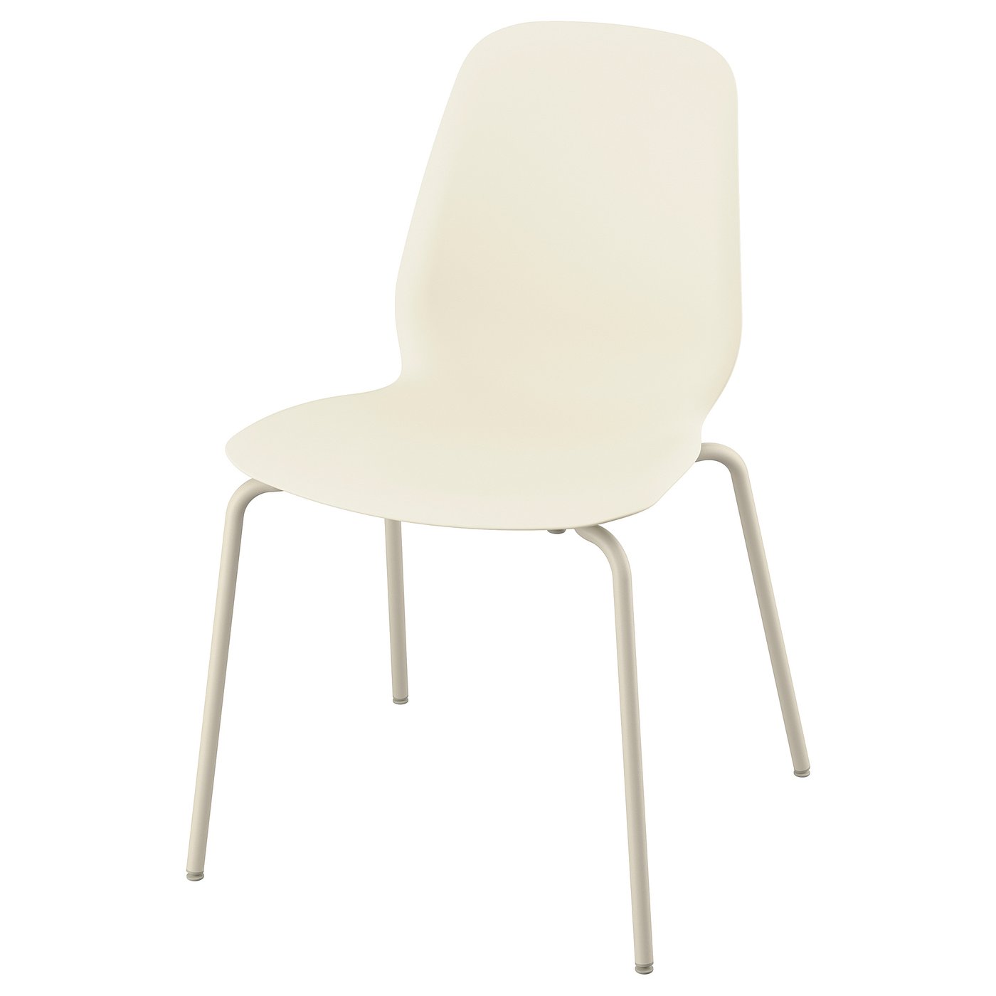 En cremefarvet SKÅLSTA stol med buet ryg og metalben. Moderne, enkelt design. Komfortabel plastsædeskal.