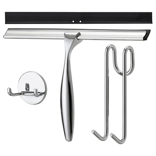 SKOGHALL brusetilbehør: krom gummiskraber, skinnekrog, sugekopkrog. Moderne design, funktionelt.