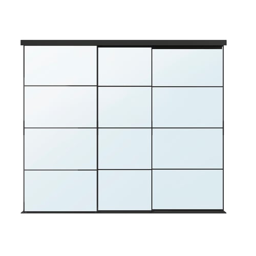 SKYTTA glasskydedør, slankt moderne design, fire klare glaspaneler i sort ramme, giver 10 års garanti.