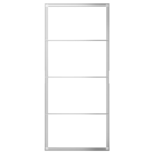 En SKYTTA skydedørsramme, som er sølvfarvet og minimalistisk i designet.