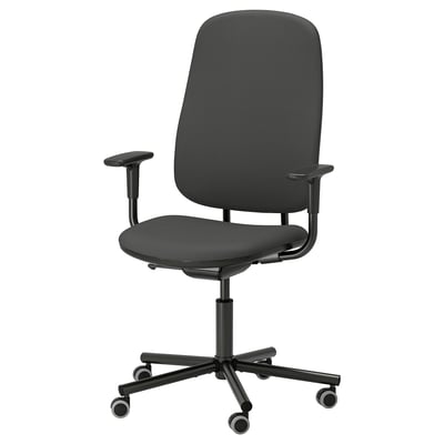 SMÖRKULL kontorstol: sort, justerbar, ergonomisk ryg og armlæn, 5 hjul, polstret sæde, høj ryg.