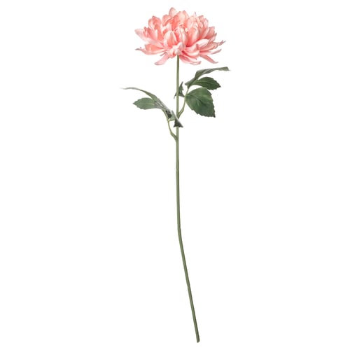 Enkelt lyserød blomsterstængel med grønne blade, lavet af genbrugsmaterialer.