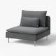 IKEAs grå SÖDERHAMN-stol, slank og luftig, med metalben og puder, ideel til moderne lounger.