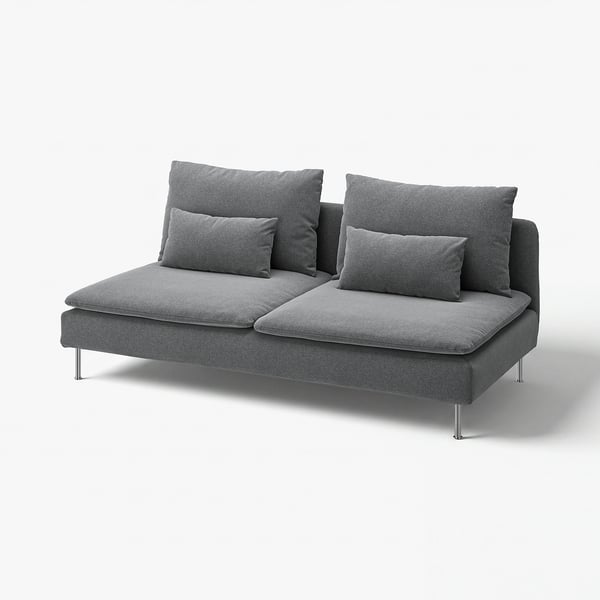 Moderne grå stofsofa, SÖDERHAMN, lavprofil, dyb sæde, 3 sektioner, slanke kromben.