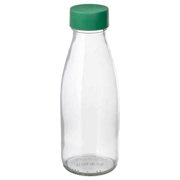 Glasflaske med grønt låg, designet til kolde drikke. Miljøvenlig, genanvendelig og bærbar.