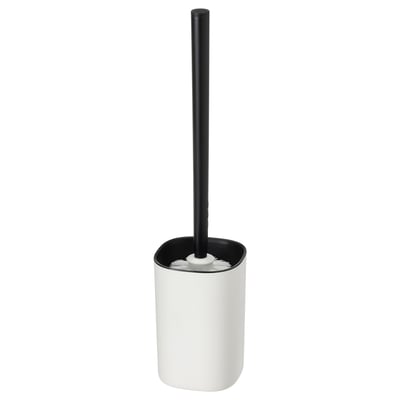 En STORAVAN toiletbørste med sort håndtag og hvid holder. Moderne, minimalistisk design. Lavet af slidstærkt plast.