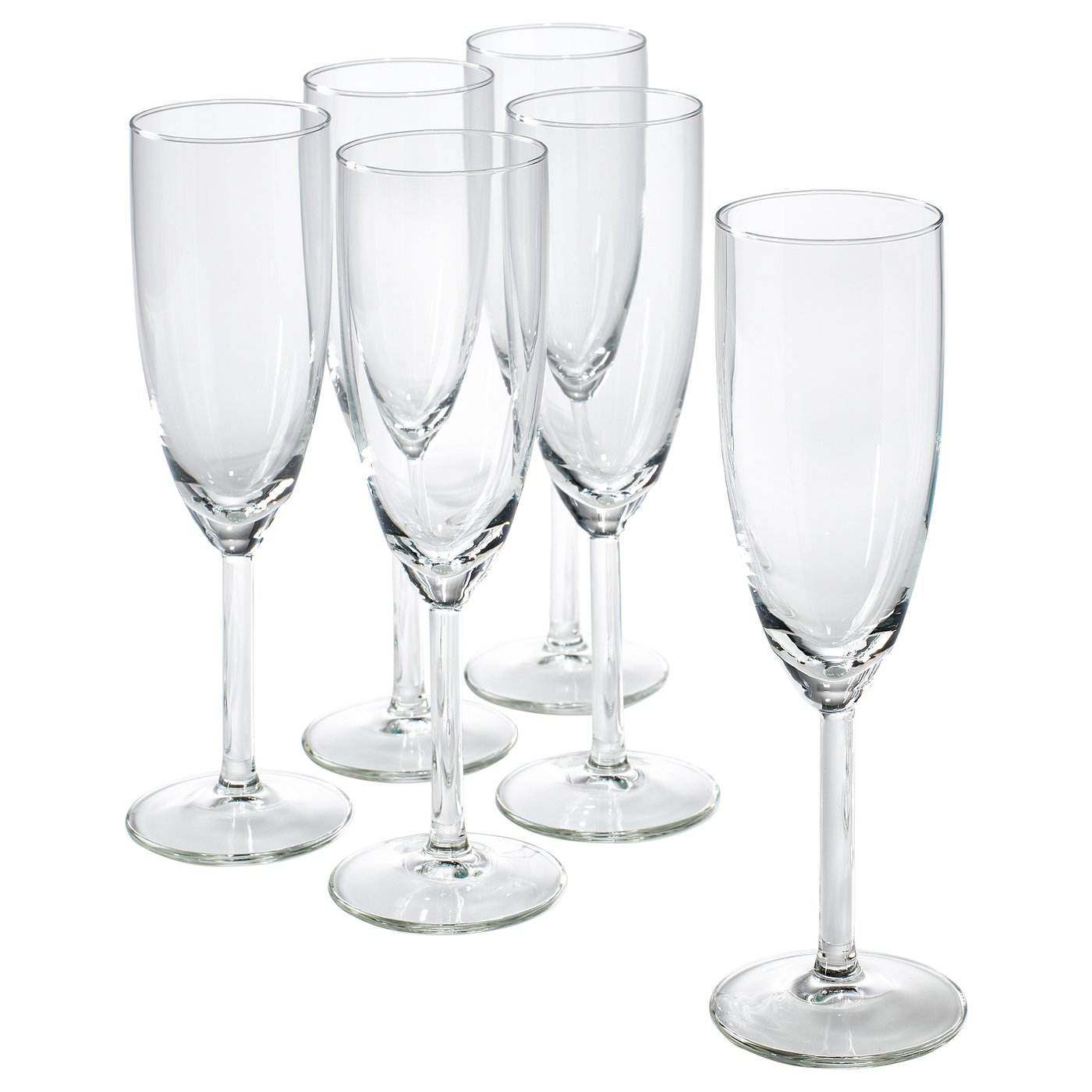 Seks klare, høje, slanke SVALKA champagnefløjter med klassisk design; lavet af glas, perfekt til fester.