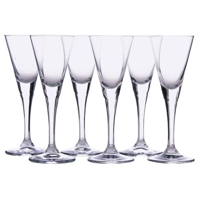 Seks SVALKA-vinglas i klart glas i klassisk design, der står oprejst på række.