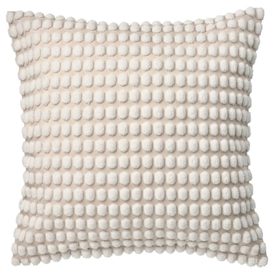 Et råhvidt pudebetræk fra SVARTPOPPEL med et blødt, tekstureret pom-pom-design. Firkantet form, med miljøvenligt genanvendt polyestermateriale.