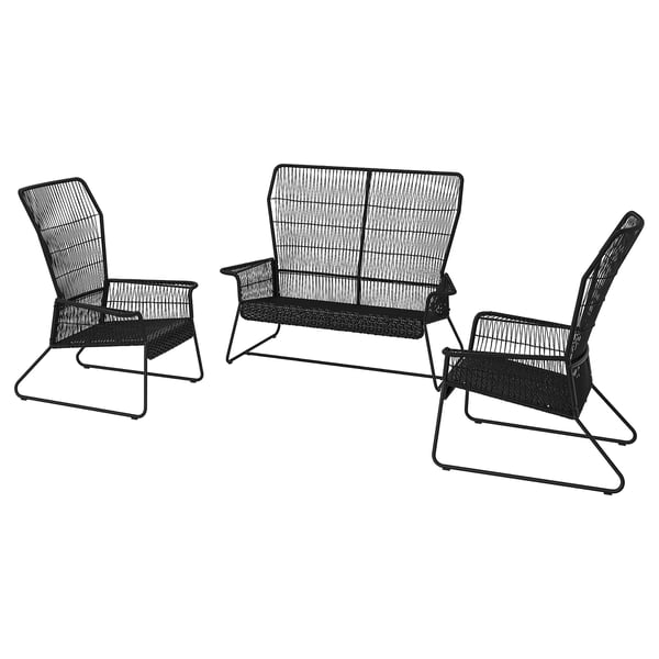 Sort udendørsmøbelsæt. Indeholder to lænestole og en loveseat med metalstel og vævede sæder. Slankt og moderne design.