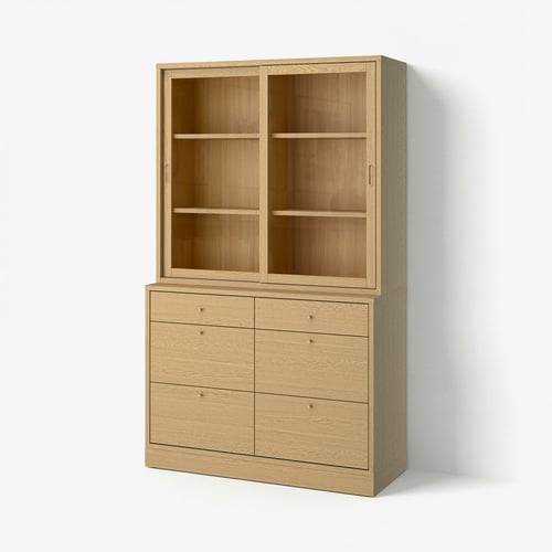 TONSTAD træskab: lysebrunt, firkantet, moderne design, 2 skydedøre i glas, 6 skuffer.