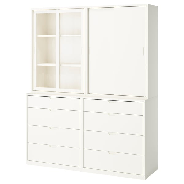 Råhvid TONSTAD: skydelåger og skuffer til alsidig opbevaring. Elegant, stilrent design. Åbne og skjulte indstillinger.