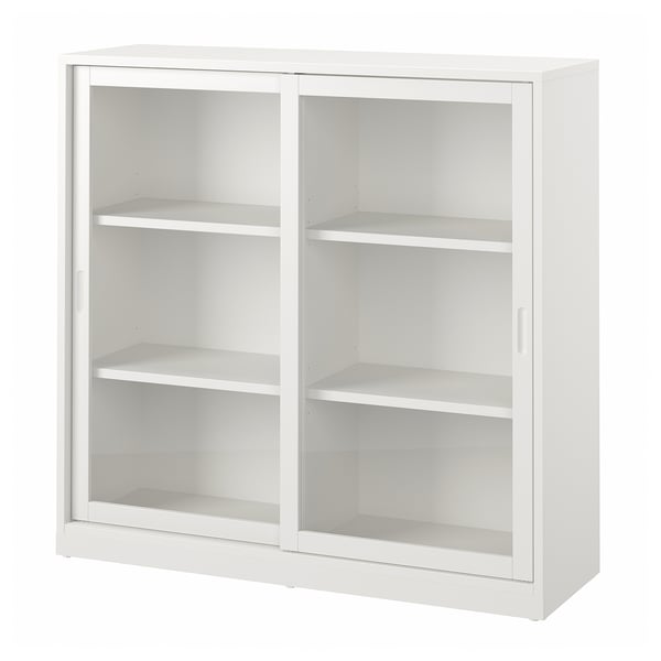 Hvidt TONSTAD skab, skydedøre i glas, tre hylder, moderne minimalistisk design.