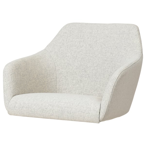 En TOSSBERG lænestol i beige med et buet design med et blødt, polstret sæde og ryglæn.