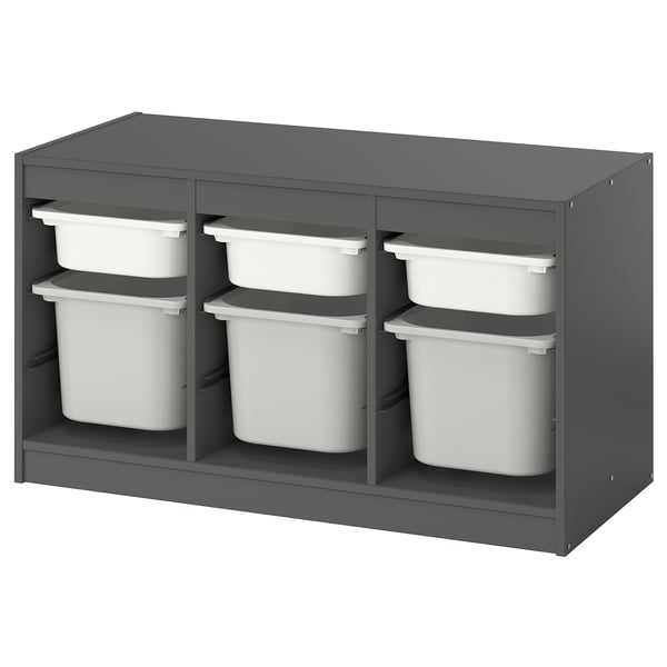 En TROFAST grå opbevaringsenhed med hvide plastikspande, designet til børn. Den har et moderne, organiseret look med justerbare rum.