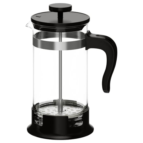 Sort UPPHETTA stempelkande, glashus, plasthåndtag og låg, dele i rustfrit stål, rund form.
