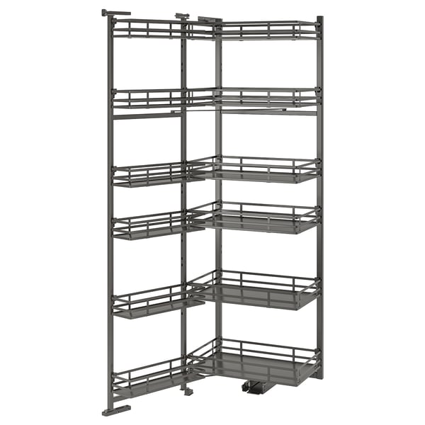 Et gråt UTRUSTA opbevaringsmøbel med flere udtrækskurve til organiseret opbevaring.