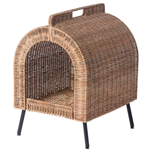 UTSÅDD flet kattehus, beige, buet indgang, sorte ben, hanktop, håndvævet rattan.