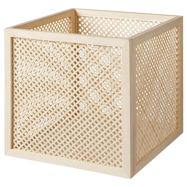 En VÄLTNING opbevaringsboks, lysebrun, lavet af lakeret poppeltræ med gitterdesign, perfekt til kallax-reoler.
