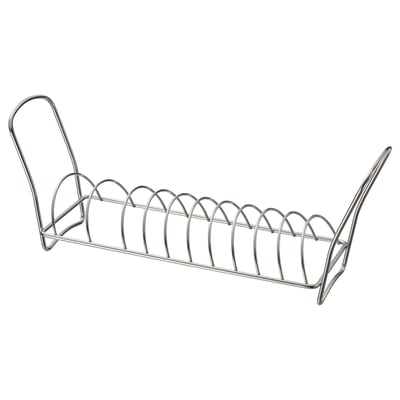 Opvaskestativ i sølvmetal, buet håndtag, tråddesign.