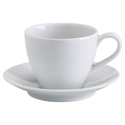 Et enkelt hvidt, afrundet porcelænskaffekop og underkop sæt. Enkelt og elegant design.