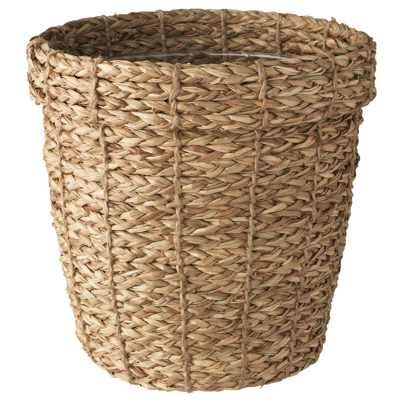 En VALLMOFRÖN plantekurv, håndvævet med naturligt havgræs. Den har en cylindrisk form og et struktureret design med lodrette striber.