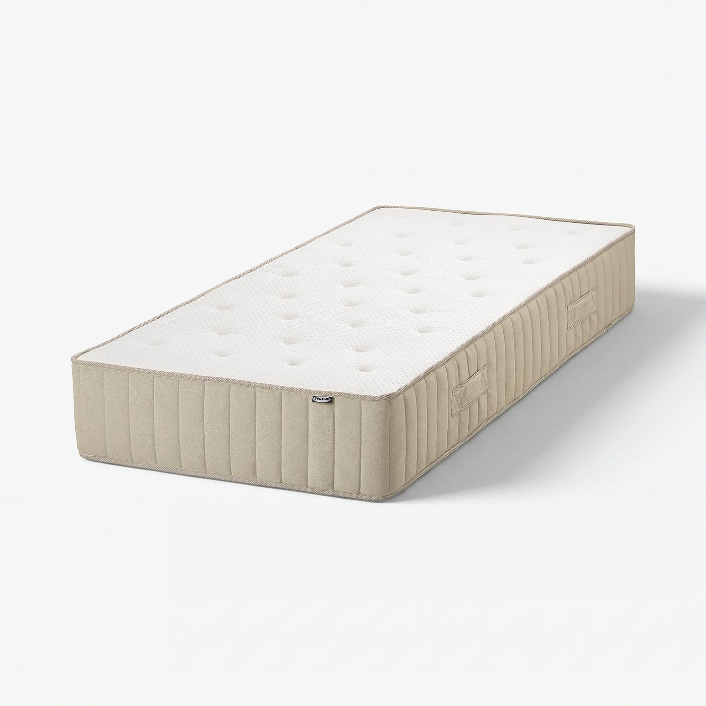 Vatnestrom madras, beige, rektangulær, med naturlige materialer, pocketfjedre, komfortzoner, linnedteksturerede sider.