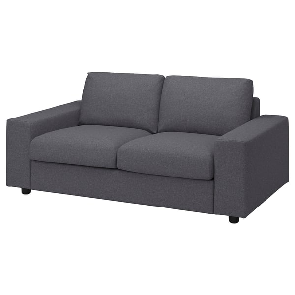 VIMLE sofa, grå, moderne minimalistisk design, rektangulær form, stofbeklædt, to puder.