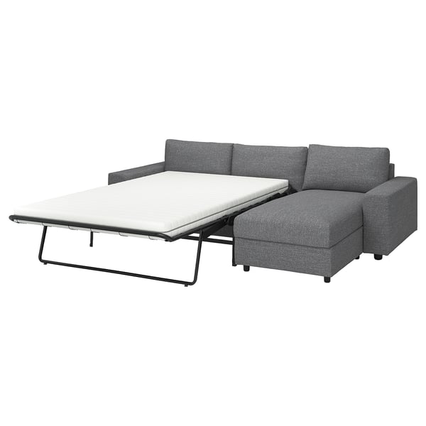 Grå VIMLE sovesofa med hvid madras, moderne design, metalramme, cabriolet.