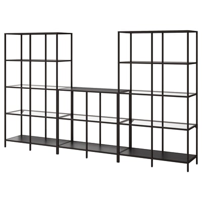 Sort VITTSJÖ reol med glashylder, moderne og minimalistisk design.