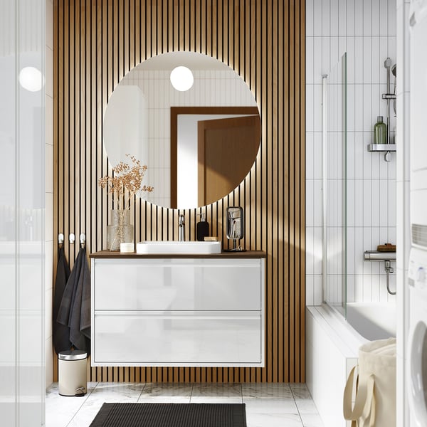ÄNGSJÖN / BACKSJÖN Wash-stnd w drawers/wash-basin, high-gloss white/brown walnut effect, 102x49x71 cm