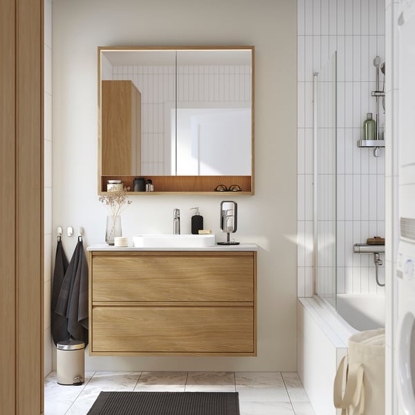 ÄNGSJÖN / BACKSJÖN Wash-stnd w drawers/wash-basin, oak effect/grey stone effect, 102x49x71 cm
