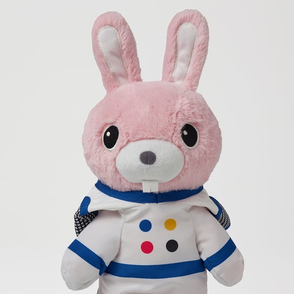 Soft, plush astronaut rabbit toy, well-made with recycled materials, ready for pretend space adventures.