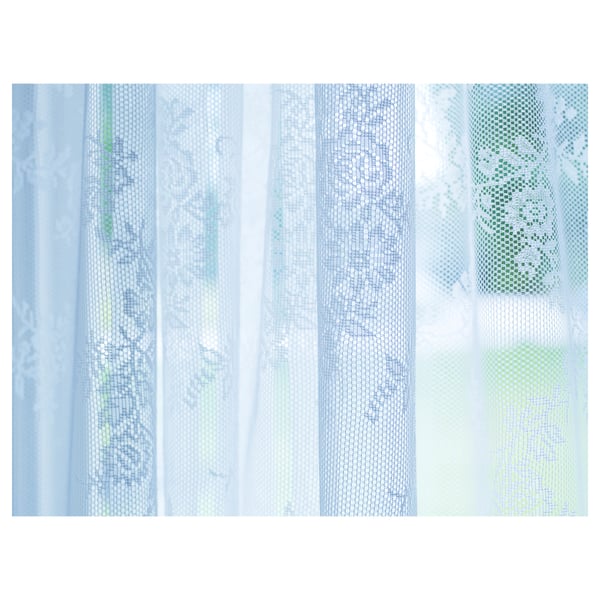 ALVINE SPETS net curtains, sheer blue, floral lace design, 100% recycled polyester.