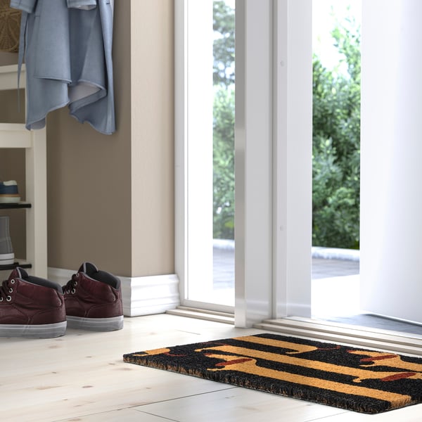 ARBETSTÅG doormat with dachshunds, brown & tan, rectangular, fits well by door, coir fibre, jute backing, natural latex.